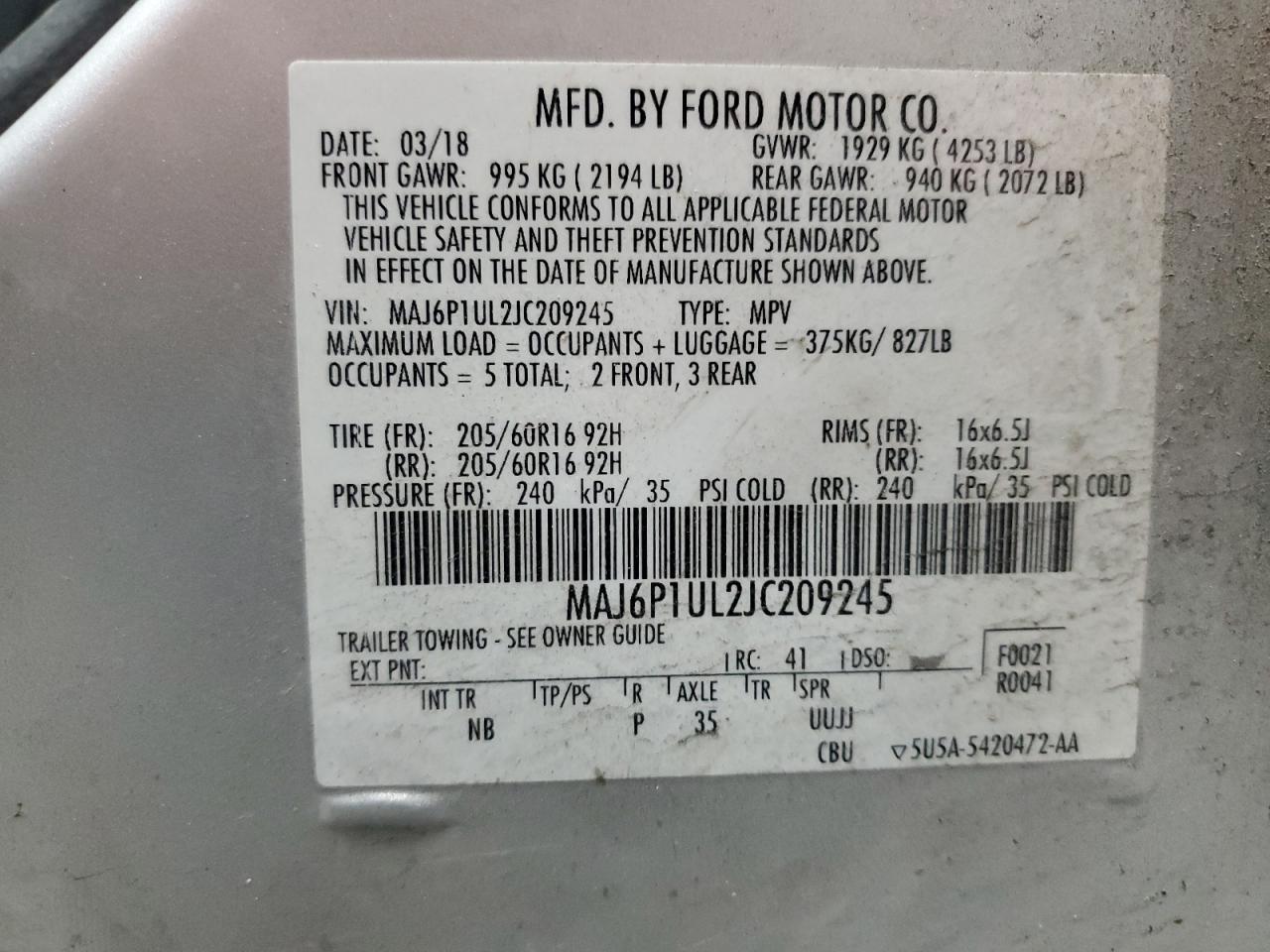 2018 Ford Ecosport Se VIN: MAJ6P1UL2JC209245 Lot: 93410985