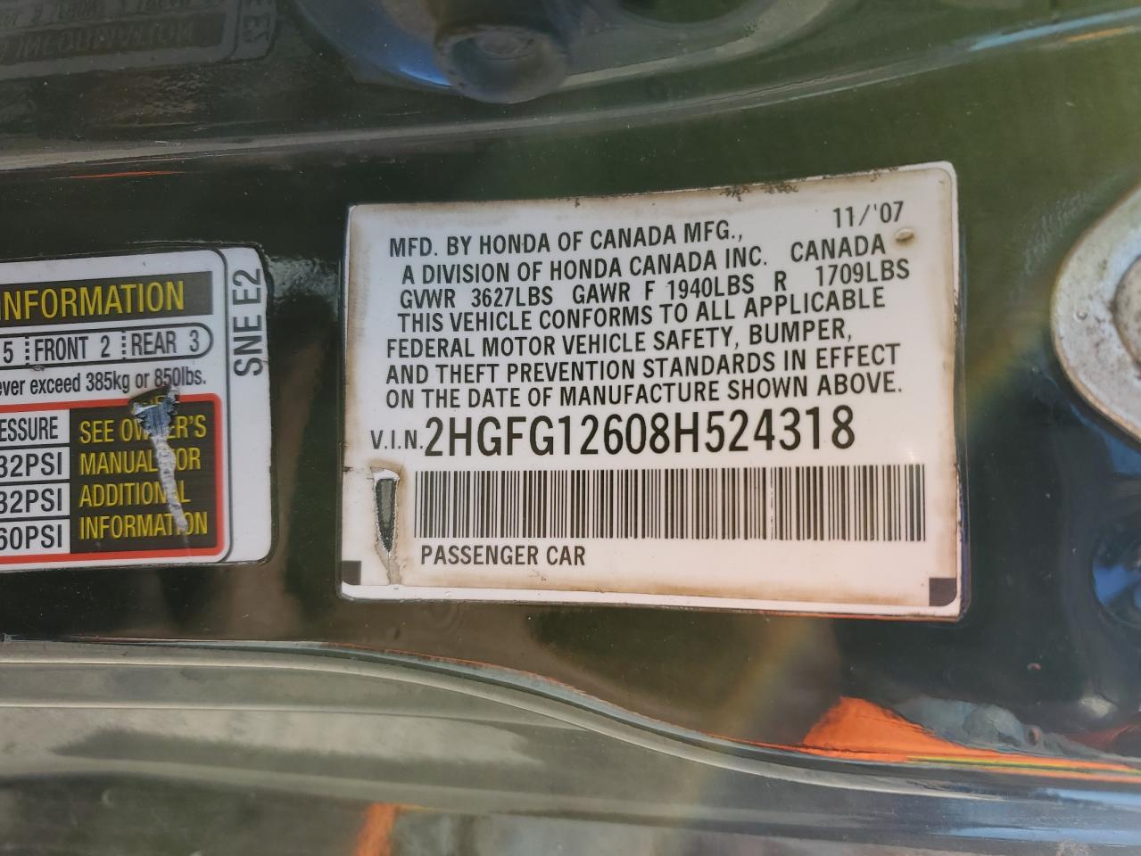 2008 Honda Civic Lx VIN: 2HGFG12608H524318 Lot: 91882675