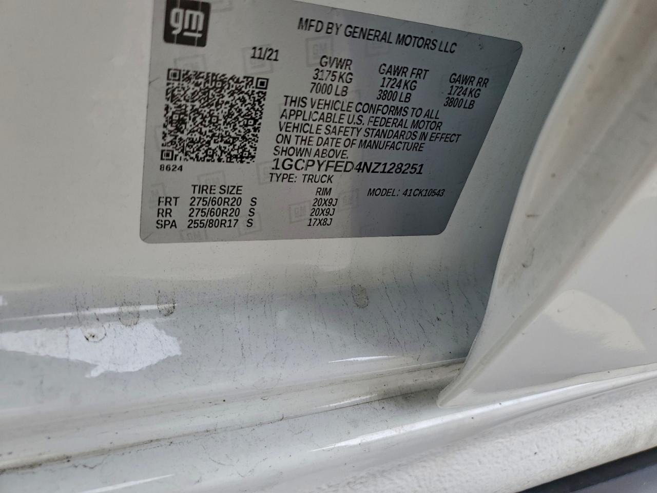 2022 Chevrolet Silverado Ltd K1500 Lt Trail Boss VIN: 1GCPYFED4NZ128251 Lot: 93770695