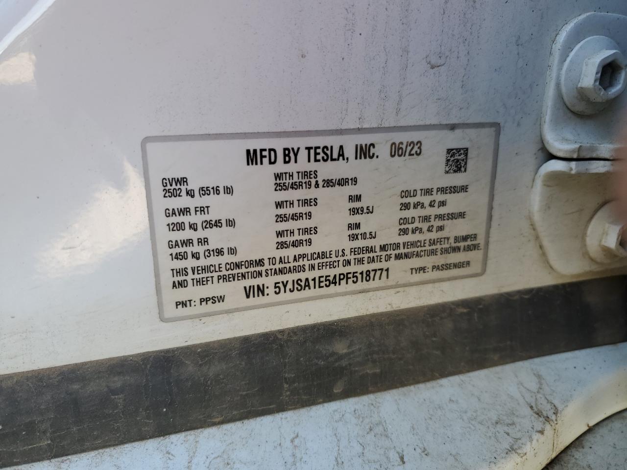 2023 Tesla Model S VIN: 5YJSA1E54PF518771 Lot: 85206935