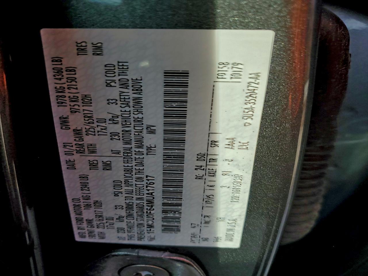 2021 Ford Escape S VIN: 1FMCU0F64MUA17617 Lot: 93736375