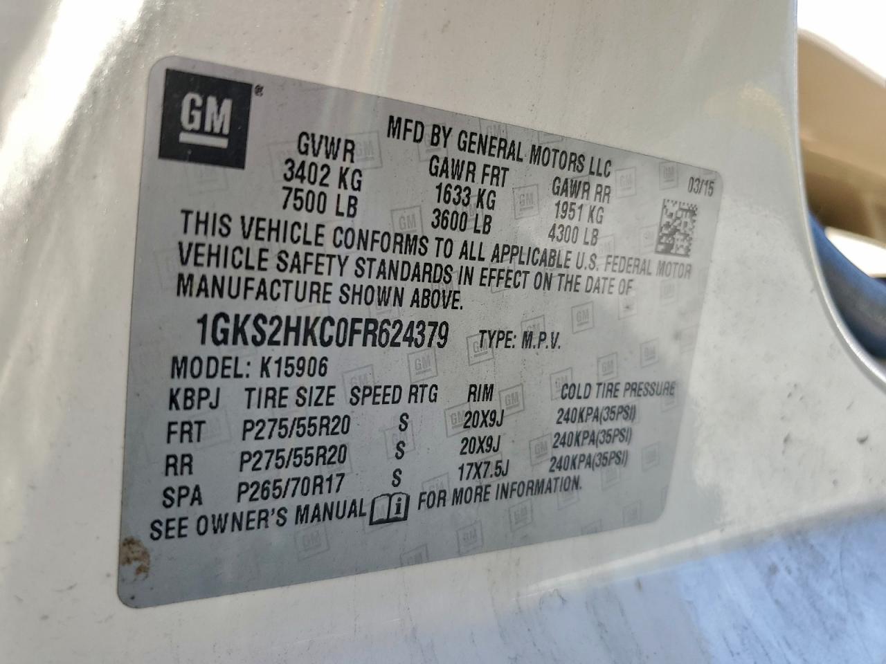 2015 GMC Yukon Xl K1500 Slt VIN: 1GKS2HKC0FR624379 Lot: 93978585