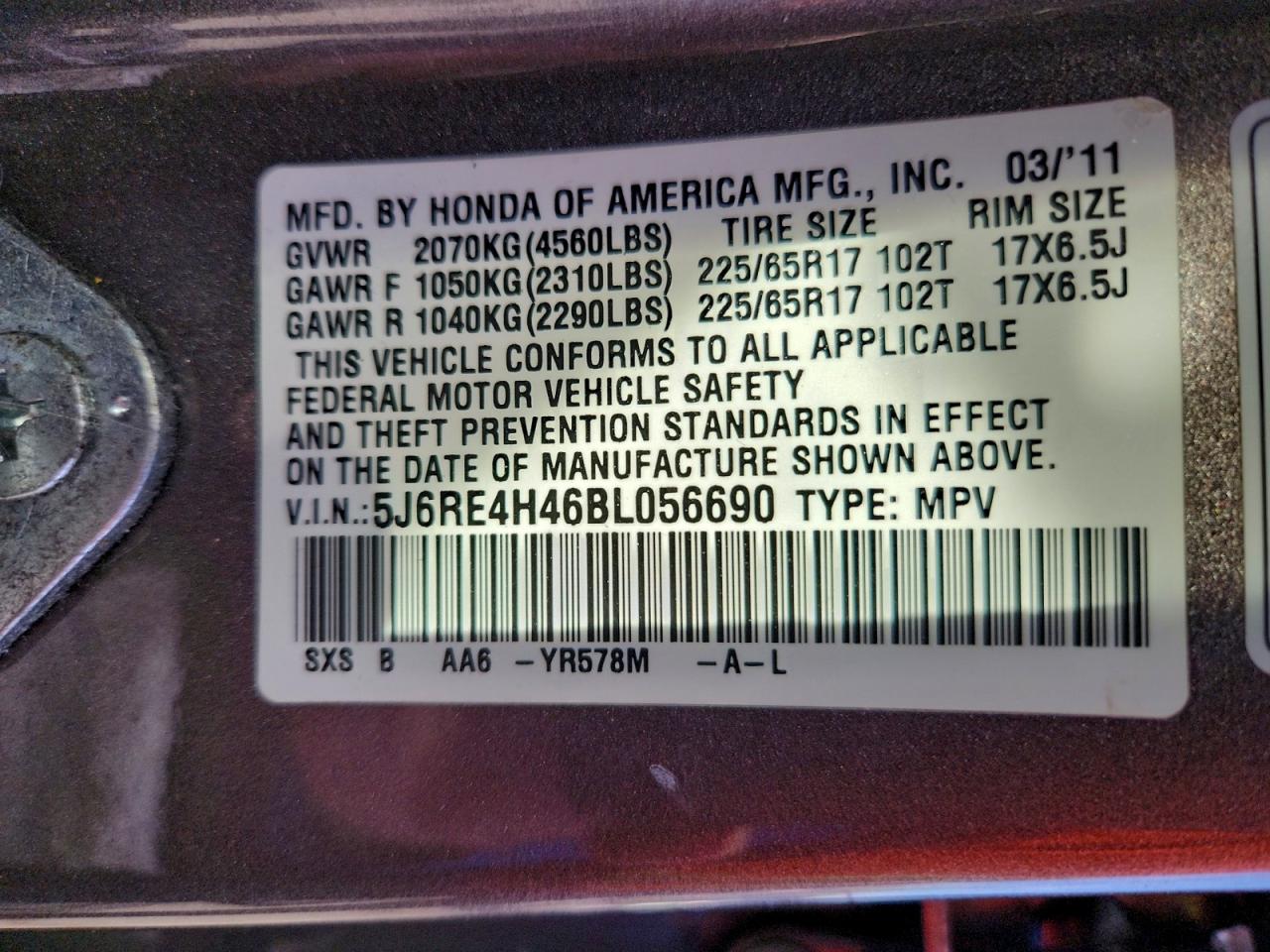 2011 Honda Cr-V Se VIN: 5J6RE4H46BL056690 Lot: 94761105