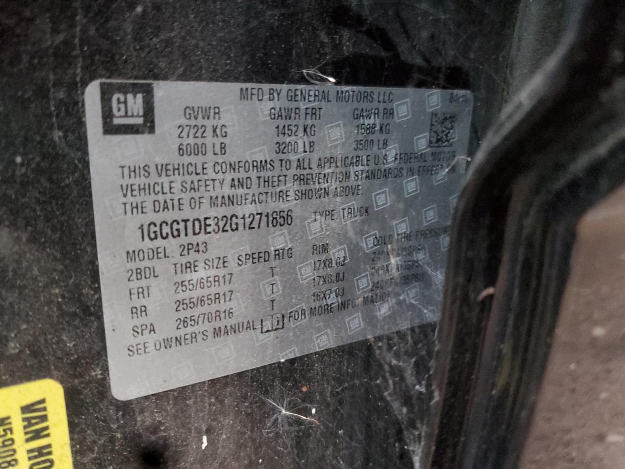 2016 Chevrolet Colorado Z71 VIN: 1GCGTDE32G1271856 Lot: 93244955