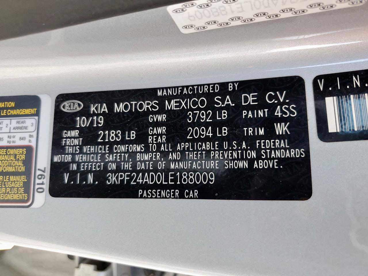 2020 Kia Forte Fe VIN: 3KPF24AD0LE188009 Lot: 92658465