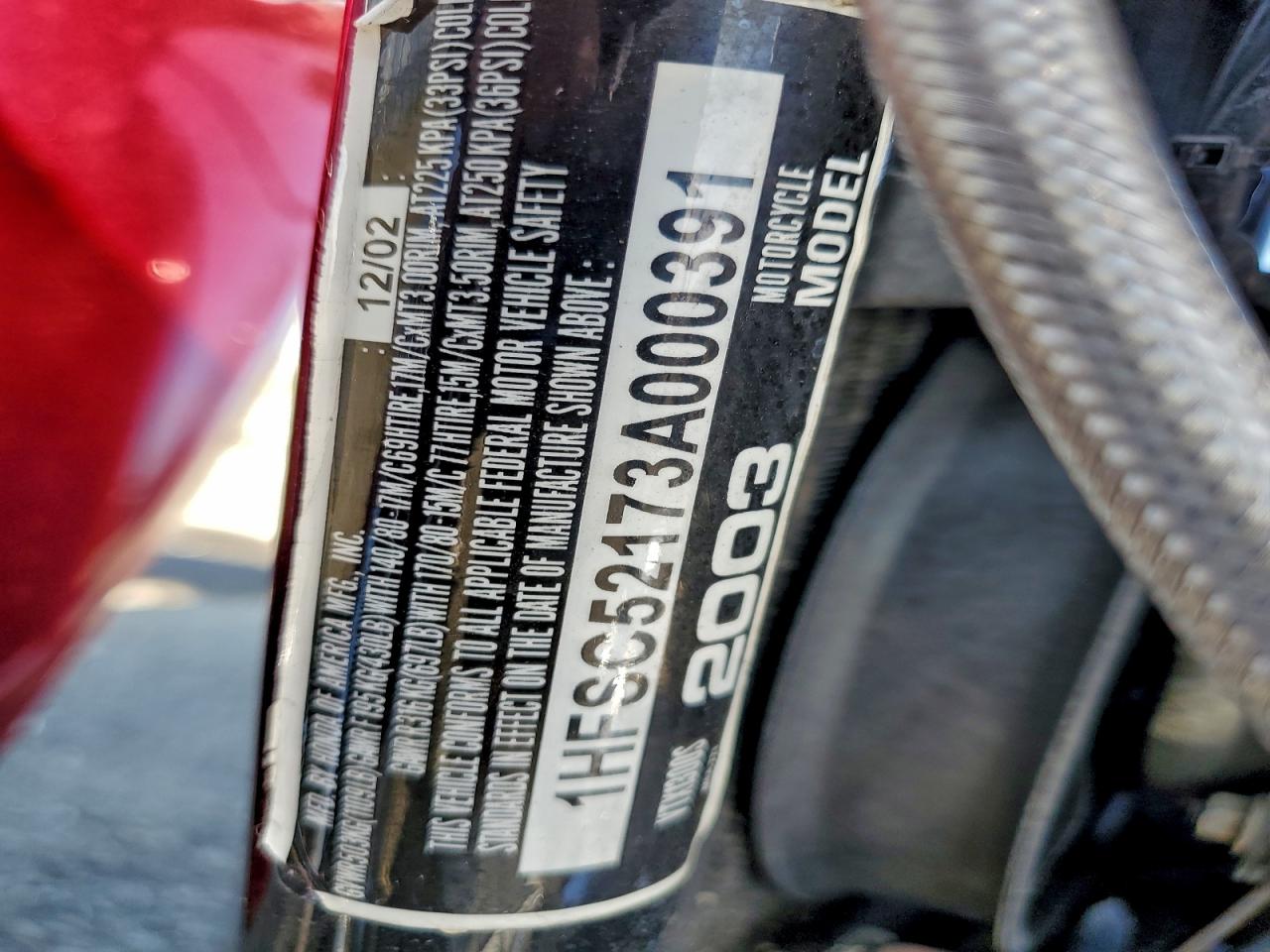 2003 Honda Vt1300 S VIN: 1HFSC52173A000391 Lot: 93881925