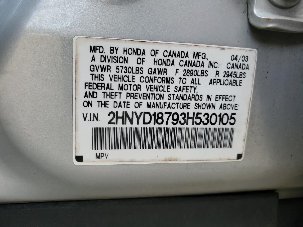 2003 Acura Mdx Touring VIN: 2HNYD18793H530105 Lot: 93678935