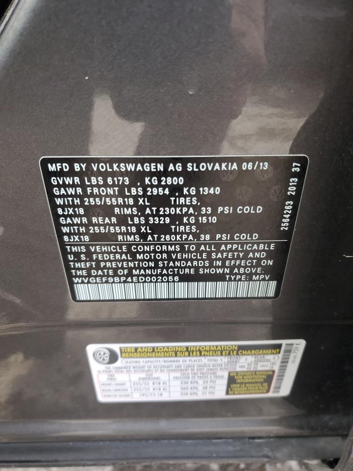 2014 Volkswagen Touareg V6 VIN: WVGEF9BP4ED002056 Lot: 91476565