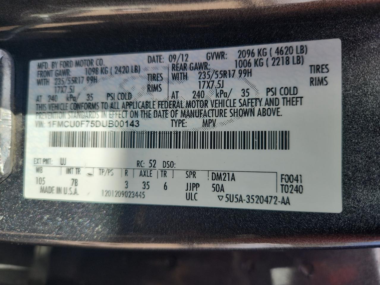 2013 Ford Escape S VIN: 1FMCU0F75DUB00143 Lot: 92000385