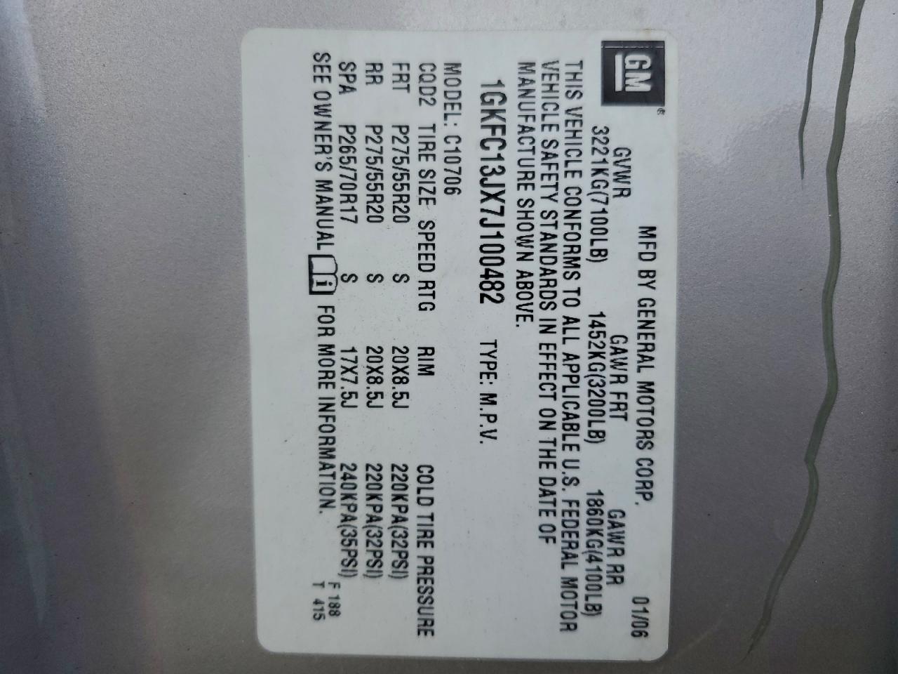 2007 GMC Yukon VIN: 1GKFC13JX7J100482 Lot: 93391425