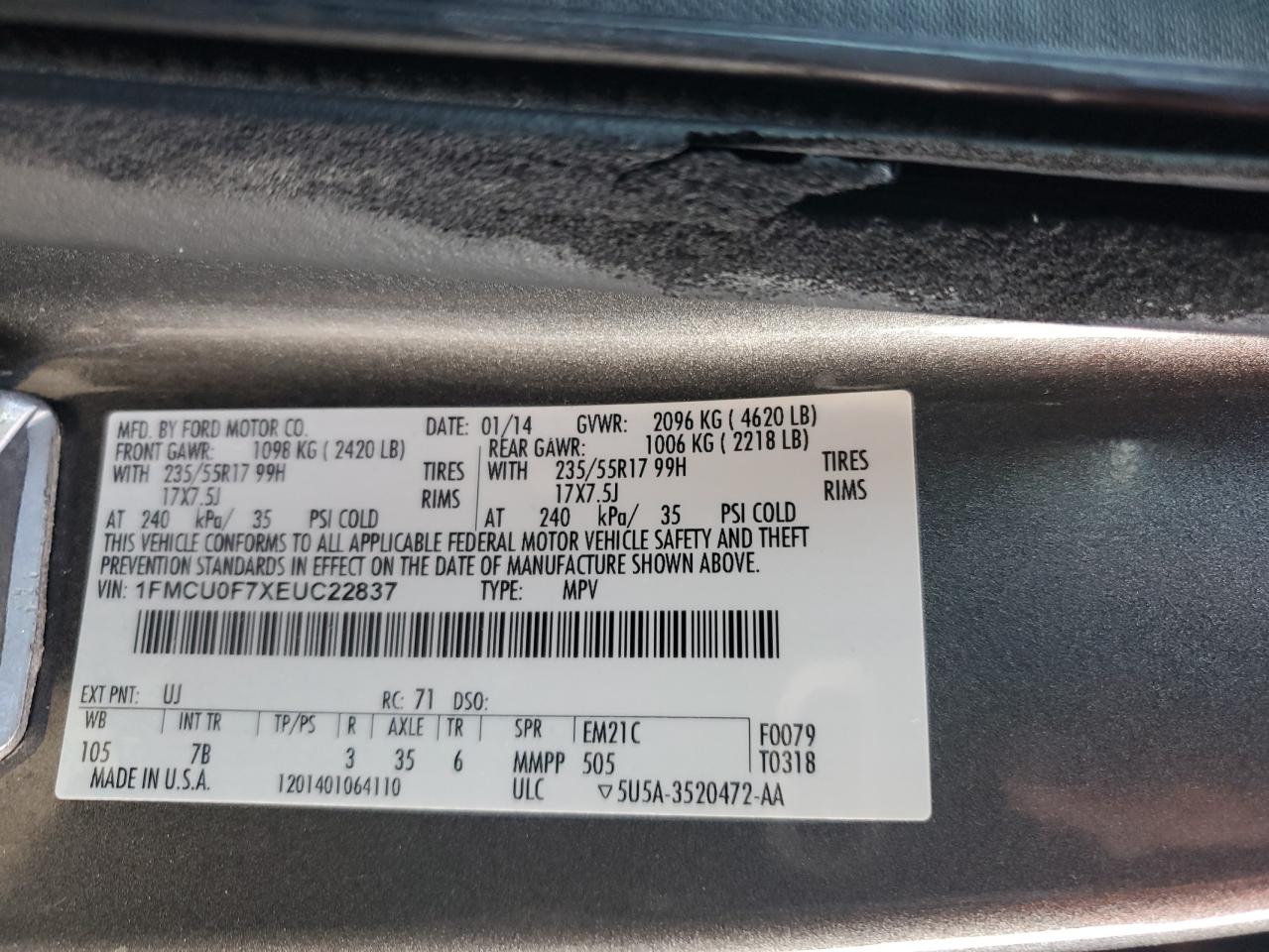 2014 Ford Escape S VIN: 1FMCU0F7XEUC22837 Lot: 92924155