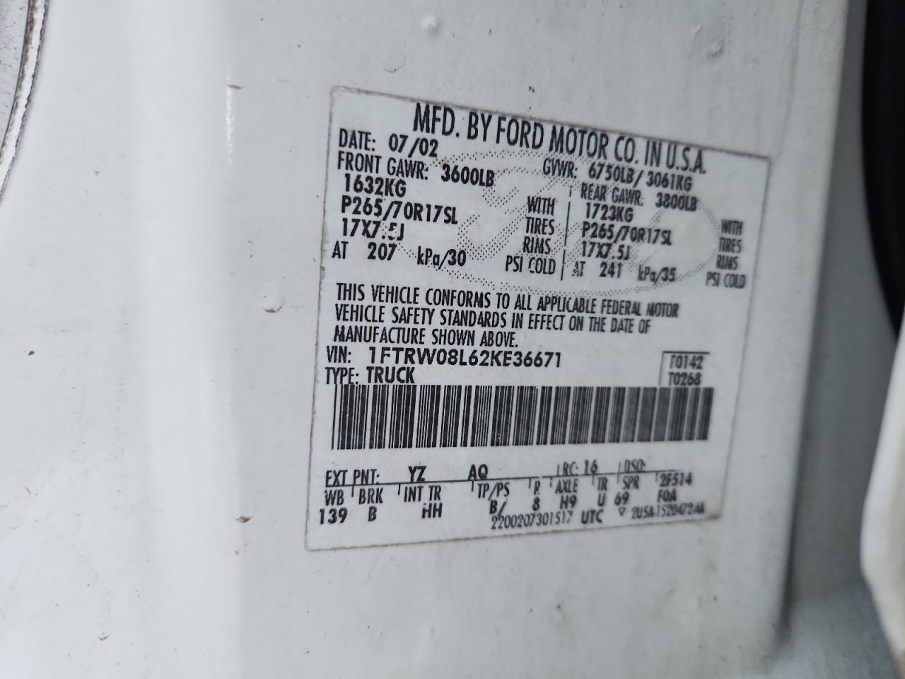 2002 Ford F150 Supercrew VIN: 1FTRW08L62KE36671 Lot: 92807565