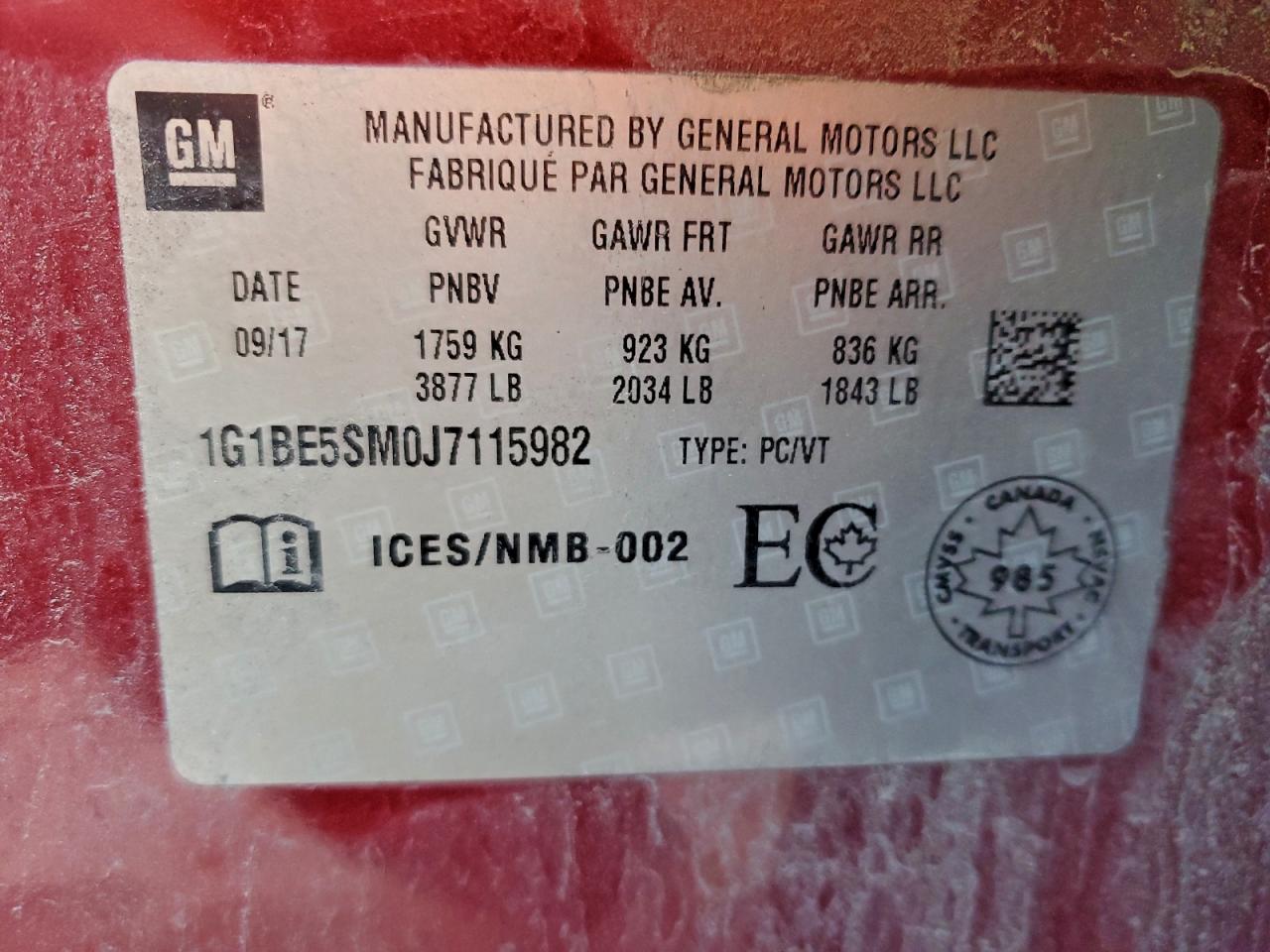 2018 Chevrolet Cruze Lt VIN: 1G1BE5SM0J7115982 Lot: 94460315