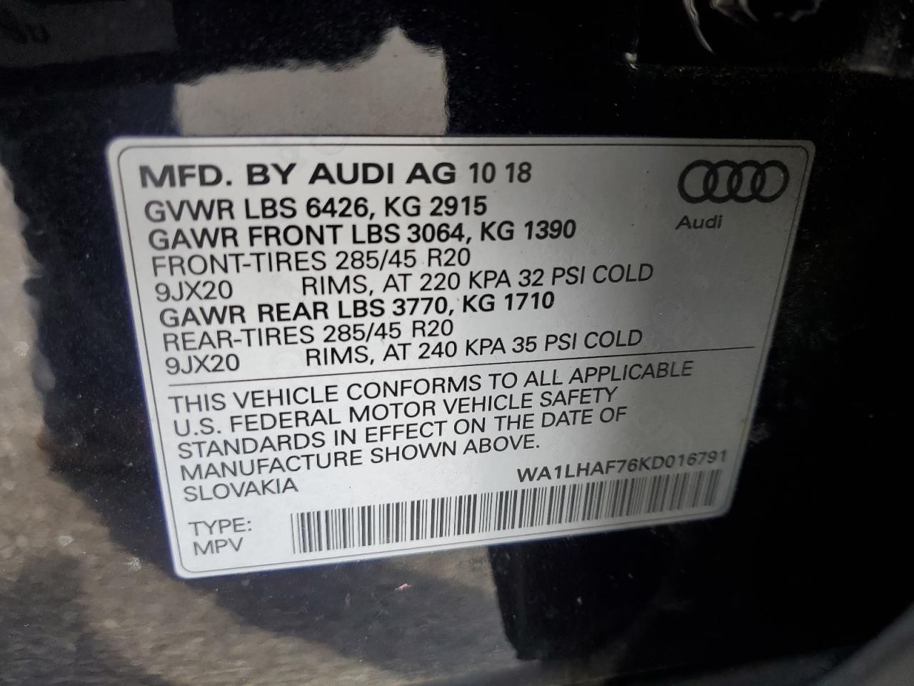 2019 Audi Q7 Premium Plus VIN: WA1LHAF76KD016791 Lot: 91620215