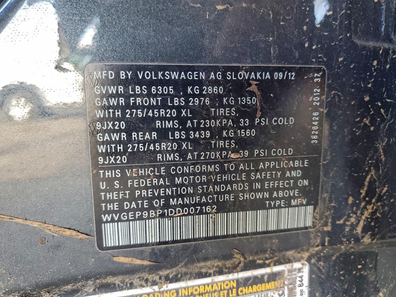 2013 Volkswagen Touareg V6 Tdi VIN: WVGEP9BP1DD007162 Lot: 93971275