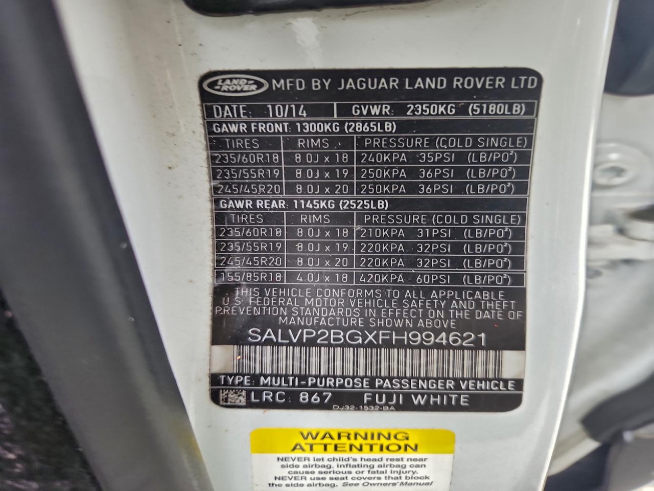 2015 Land Rover Range Rover Evoque Pure Plus VIN: SALVP2BGXFH994621 Lot: 94401145