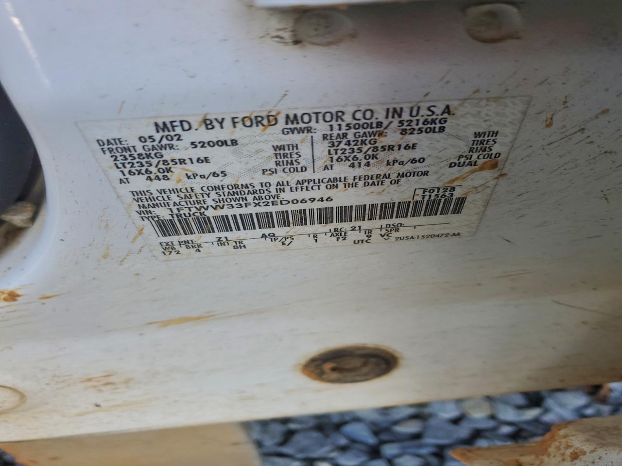 2002 Ford F350 Super Duty VIN: 1FTWW33FX2ED06946 Lot: 94160415