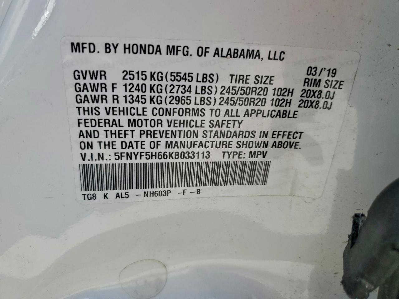 2019 Honda Pilot Touring VIN: 5FNYF5H66KB033113 Lot: 91865955