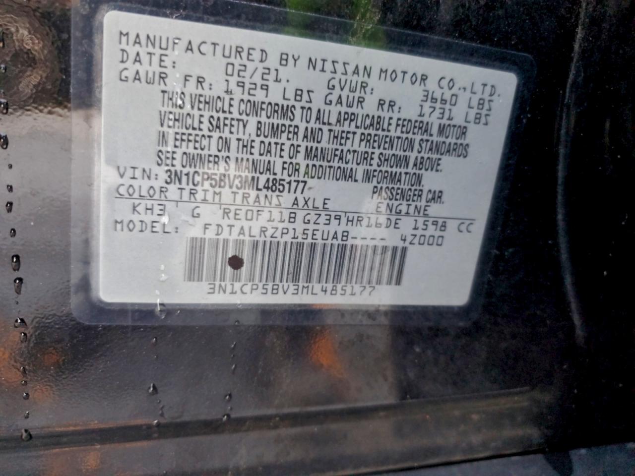 2021 Nissan Kicks S VIN: 3N1CP5BV3ML485177 Lot: 93410655