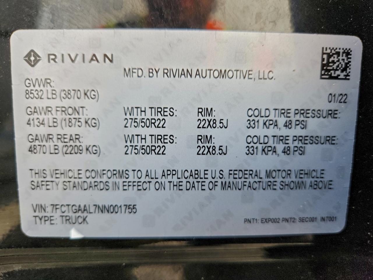 2022 Rivian R1T Launch Edition VIN: 7FCTGAAL7NN001755 Lot: 94114395