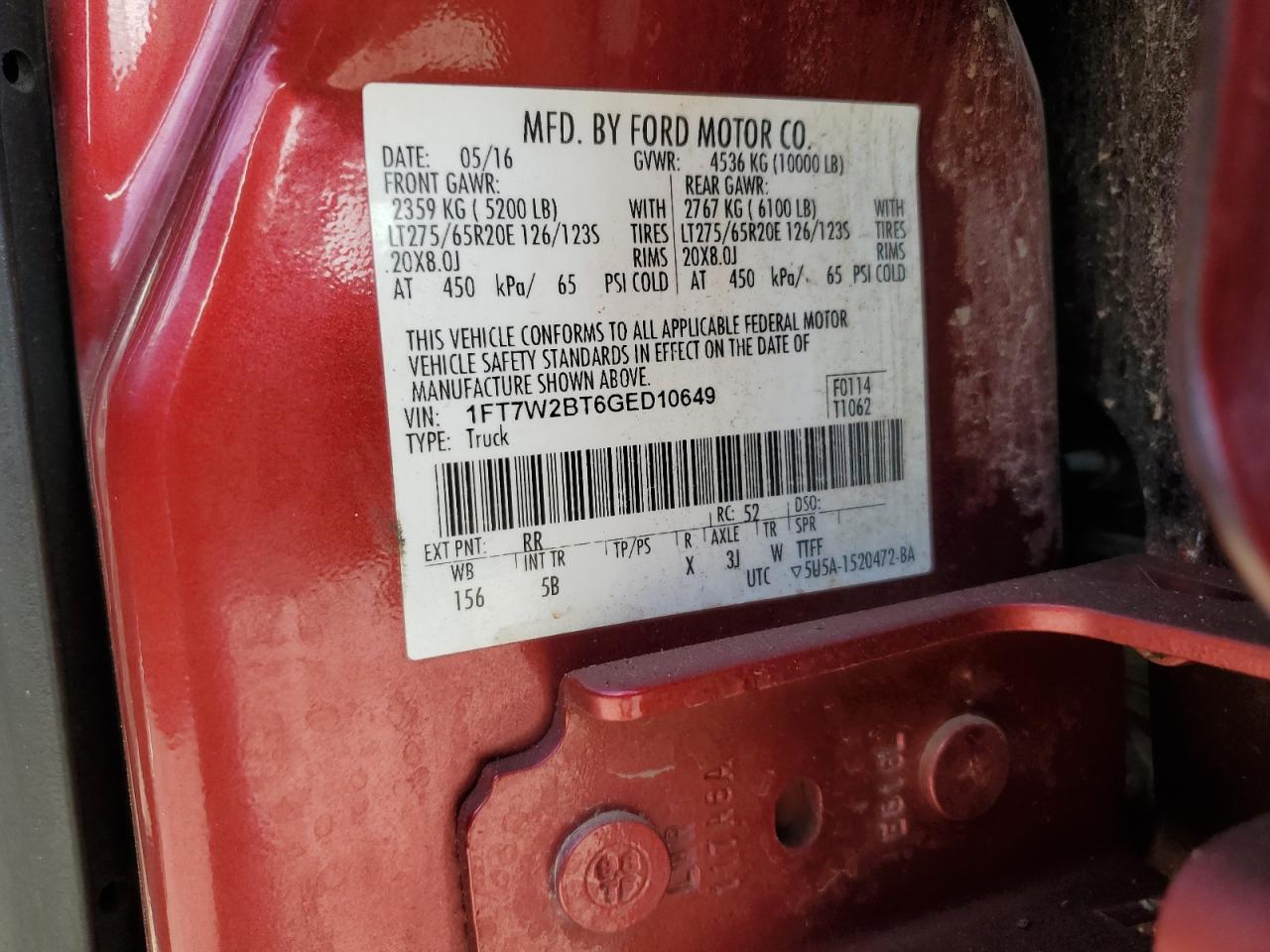 2016 Ford F250 Super Duty VIN: 1FT7W2BT6GED10649 Lot: 92305415