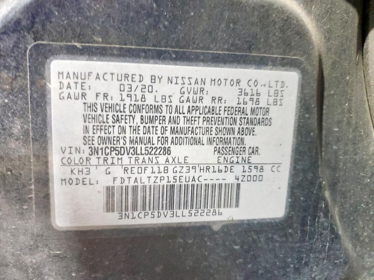 2020 Nissan Kicks Sr VIN: 3N1CP5DV3LL522286 Lot: 90369355