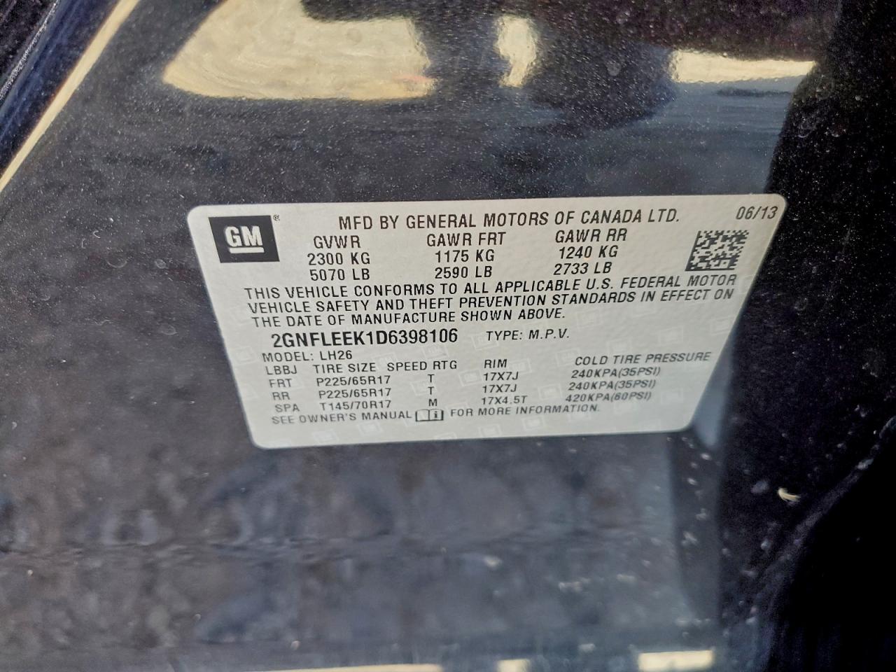 2013 Chevrolet Equinox Lt VIN: 2GNFLEEK1D6398106 Lot: 94155575