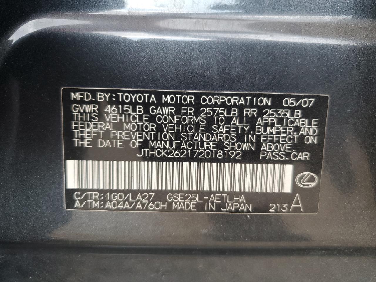 2007 Lexus Is 250 VIN: JTHCK262172018192 Lot: 91937955