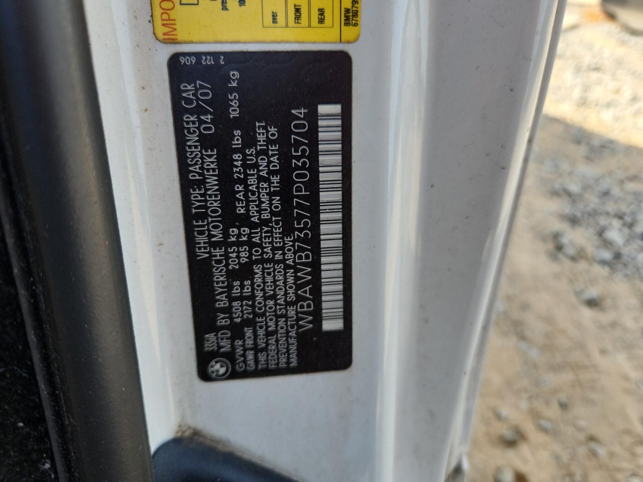 2007 BMW 335 I VIN: WBAWB73577P035704 Lot: 92596665