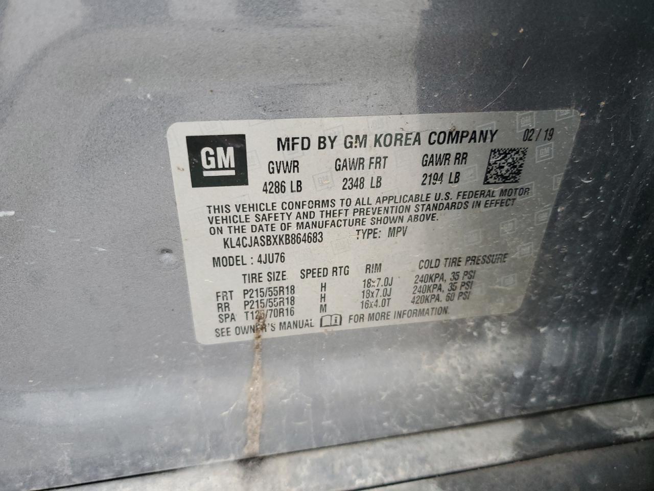 2019 Buick Encore Preferred VIN: KL4CJASBXKB864683 Lot: 93429165