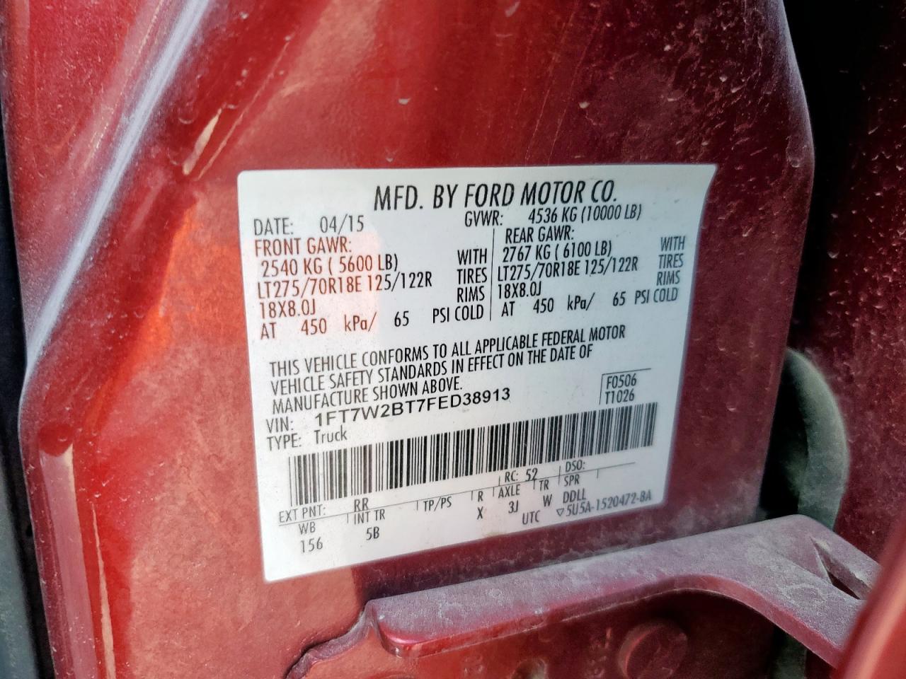 2015 Ford F250 Super Duty VIN: 1FT7W2BT7FED38913 Lot: 91221415