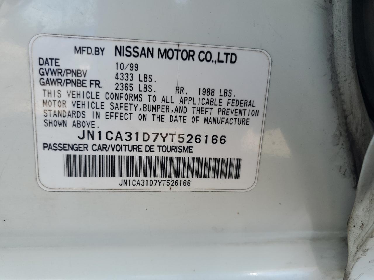 2000 Nissan Maxima Gle VIN: JN1CA31D7YT526166 Lot: 91930125