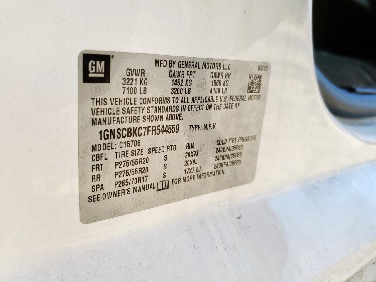 2015 Chevrolet Tahoe C1500 Lt VIN: 1GNSCBKC7FR644559 Lot: 93475035