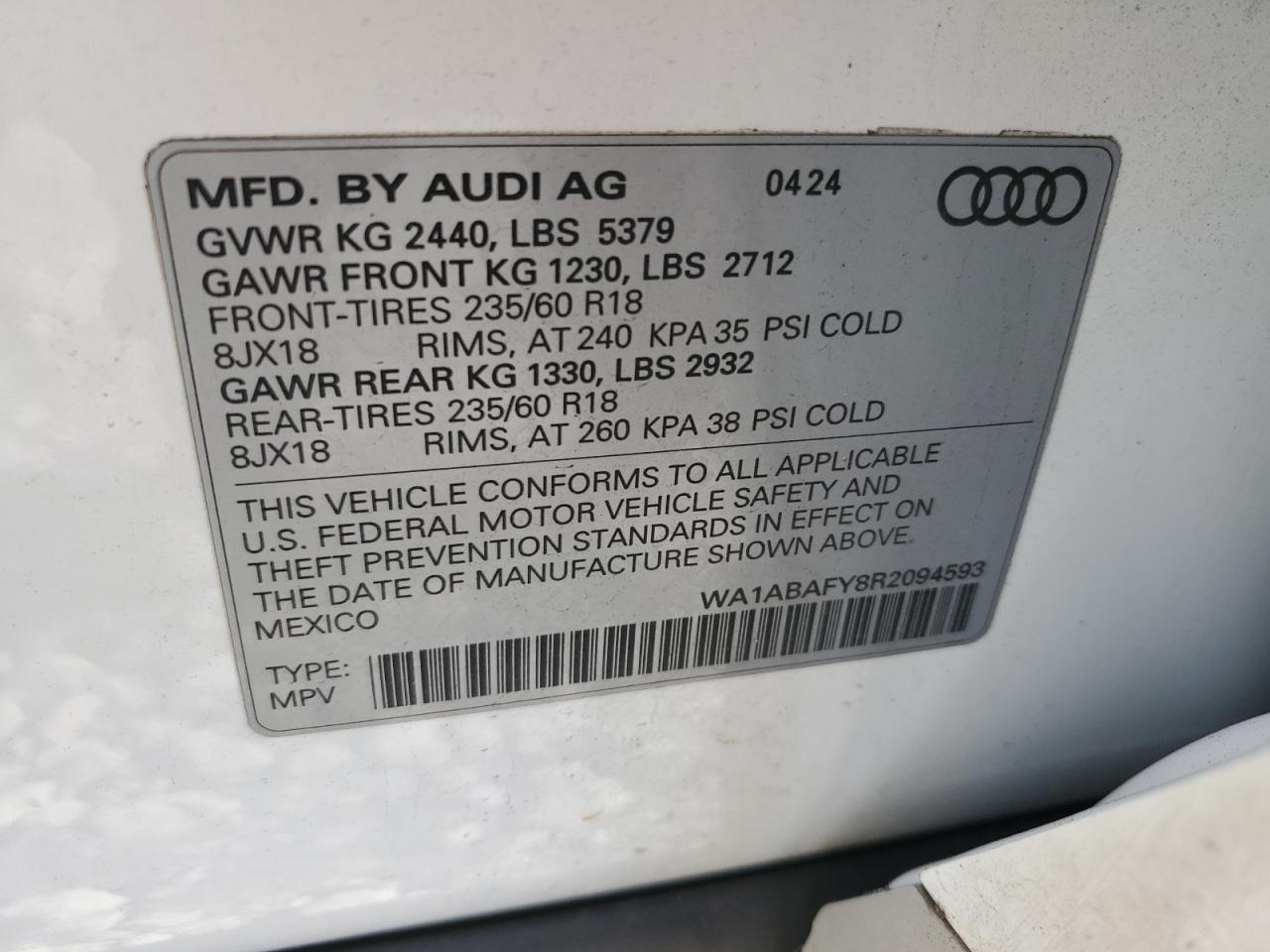2024 Audi Q5 Premium 40 VIN: WA1ABAFY8R2094593 Lot: 92920785