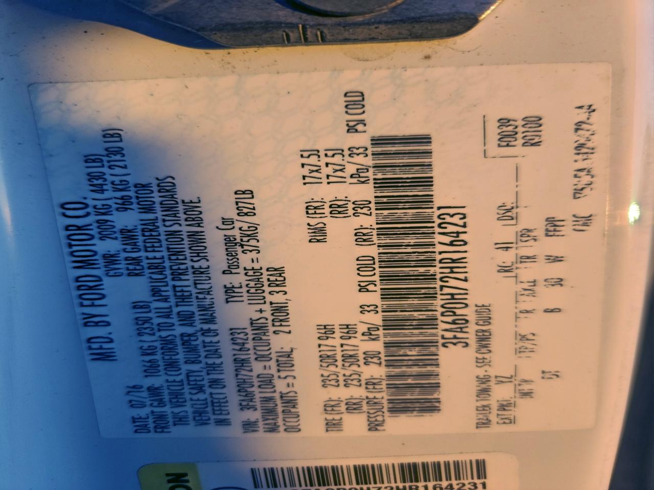 2017 Ford Fusion Se VIN: 3FA6P0H72HR164231 Lot: 94281115