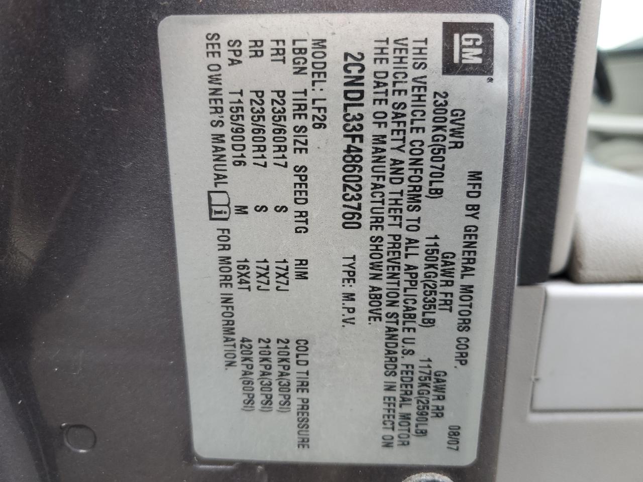 2008 Chevrolet Equinox Lt VIN: 2CNDL33F486023760 Lot: 91931135