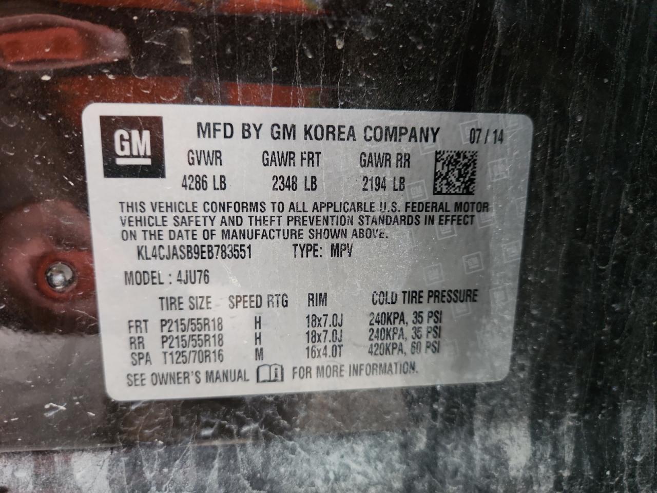 2014 Buick Encore VIN: KL4CJASB9EB783551 Lot: 92373685