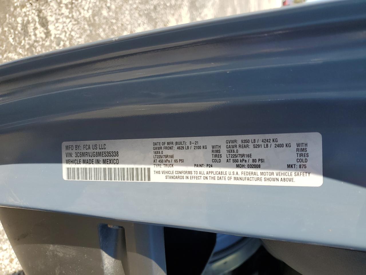 2021 Ram Promaster 3500 Delivery Van VIN: 3C6MRVJG8ME535338 Lot: 90249595