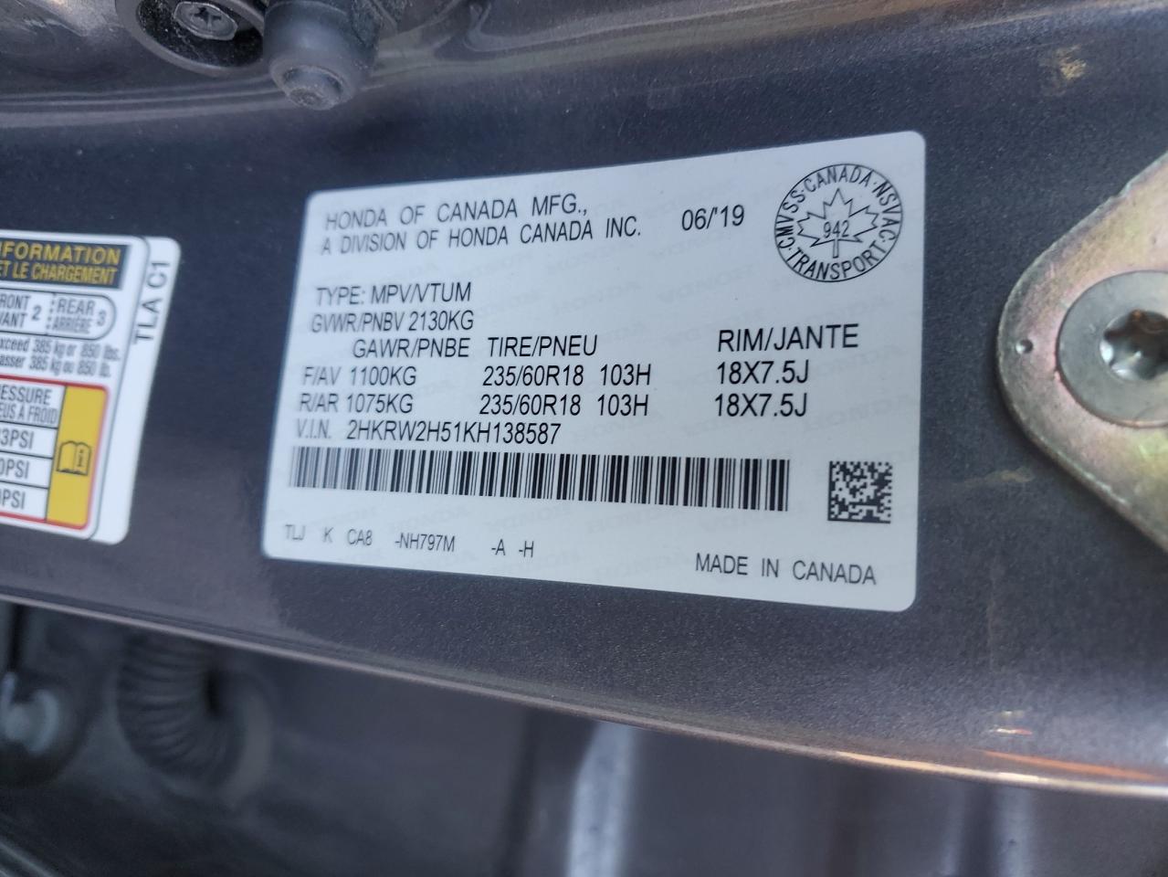 2019 Honda Cr-V Ex VIN: 2HKRW2H51KH138587 Lot: 92488235