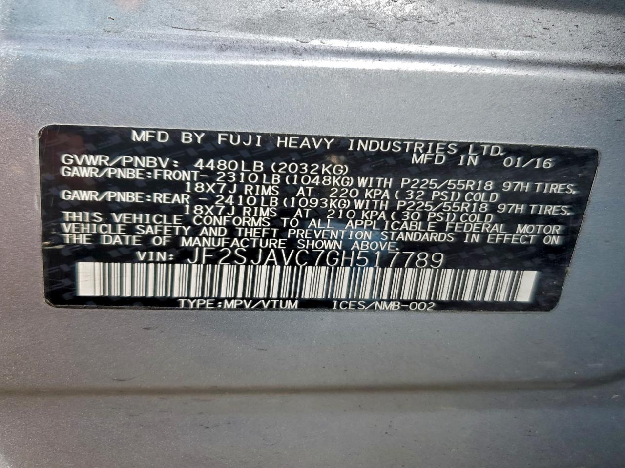 2016 Subaru Forester 2.5I Touring VIN: JF2SJAVC7GH517789 Lot: 93241065