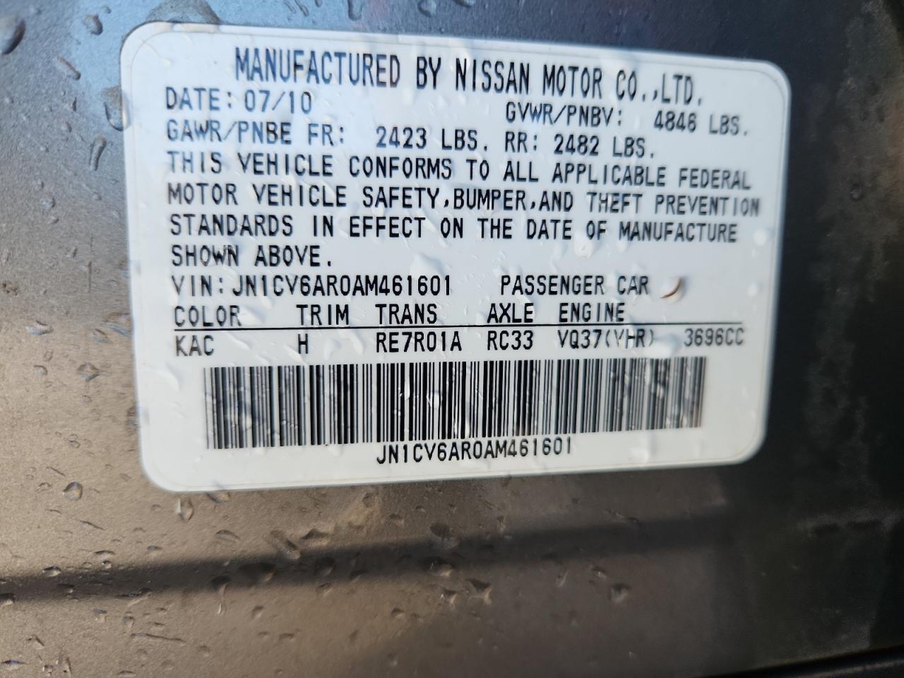 2010 Infiniti G37 VIN: JN1CV6AR0AM461601 Lot: 92529355