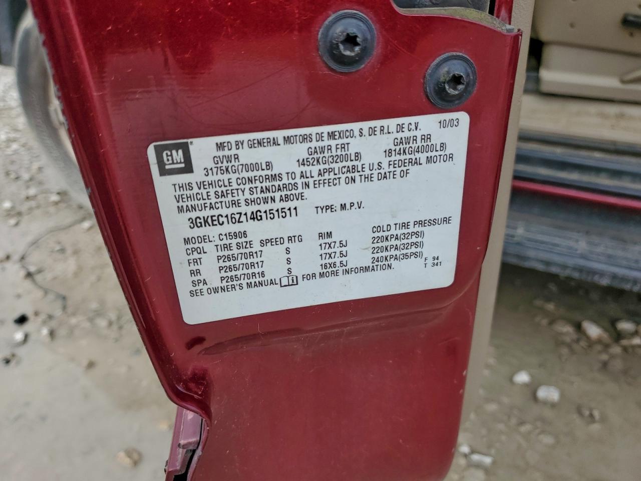 2004 GMC Yukon Xl C1500 VIN: 3GKEC16Z14G151511 Lot: 94261375