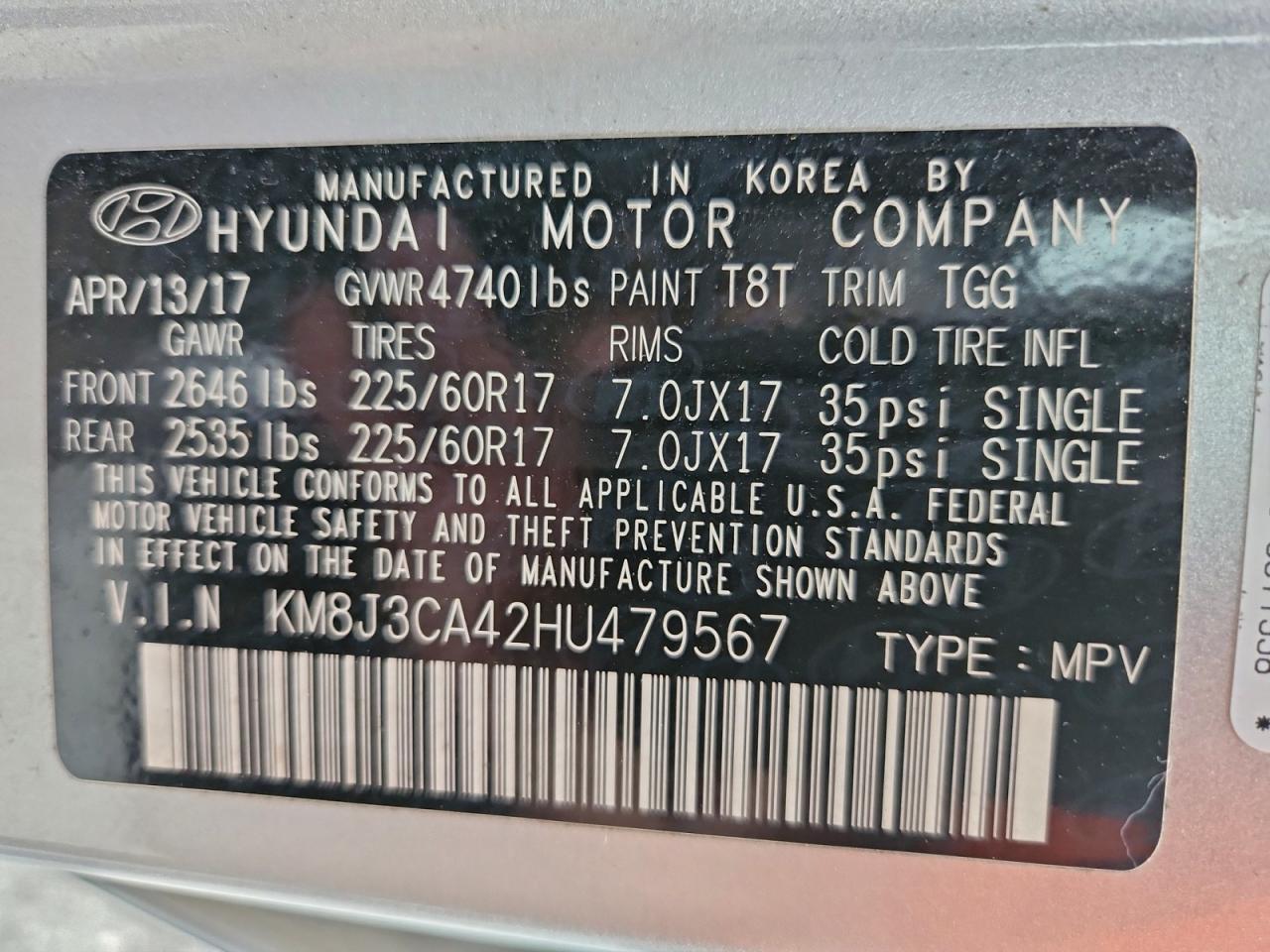 2017 Hyundai Tucson Limited VIN: KM8J3CA42HU479567 Lot: 93135955