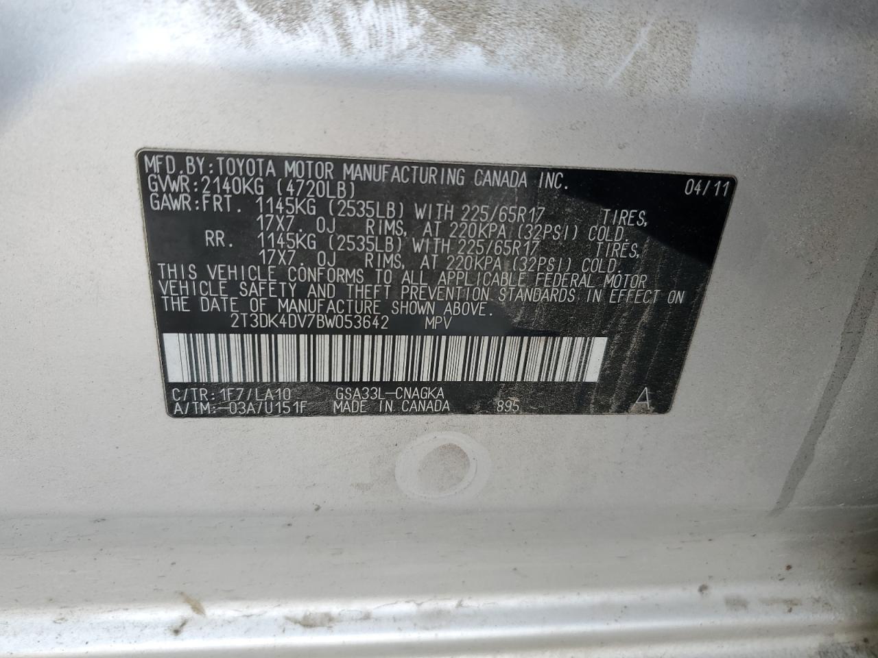 2011 Toyota Rav4 Limited VIN: 2T3DK4DV7BW053642 Lot: 93189885