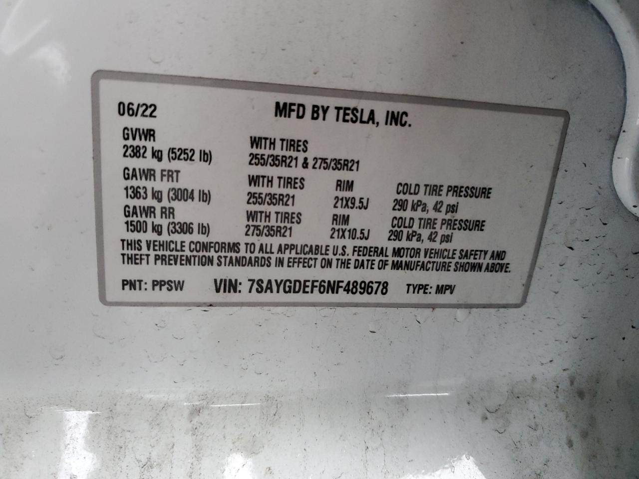 2022 Tesla Model Y VIN: 7SAYGDEF6NF489678 Lot: 93091695