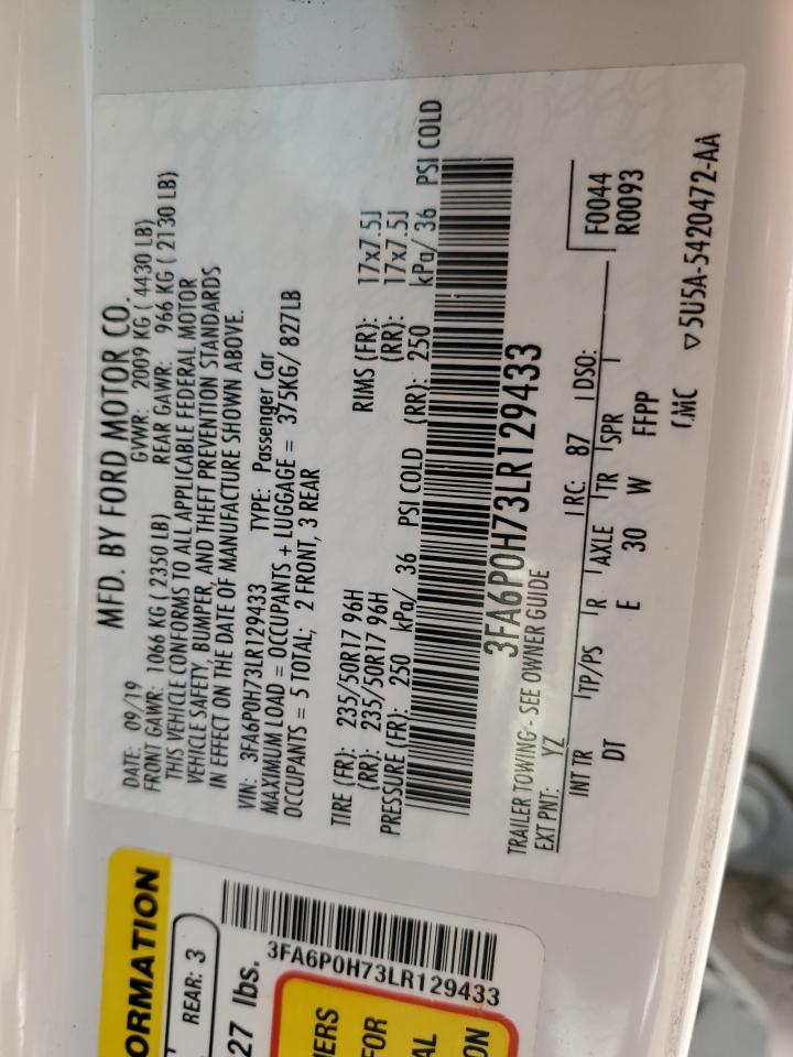 2020 Ford Fusion Se VIN: 3FA6P0H73LR129433 Lot: 91568645