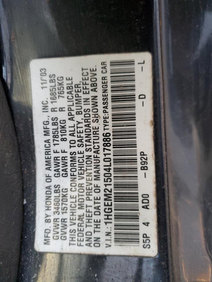 2004 Honda Civic Lx VIN: 1HGEM21504L017886 Lot: 92099885