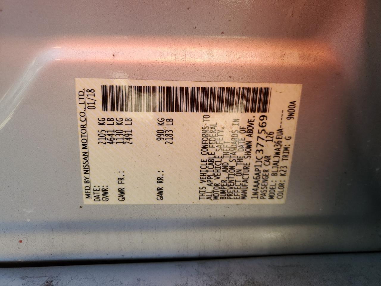 2018 Nissan Maxima 3.5S VIN: 1N4AA6AP1JC377569 Lot: 93000535