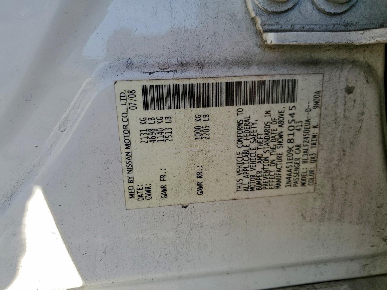 2009 Nissan Maxima S VIN: 1N4AA51E09C810545 Lot: 94731605