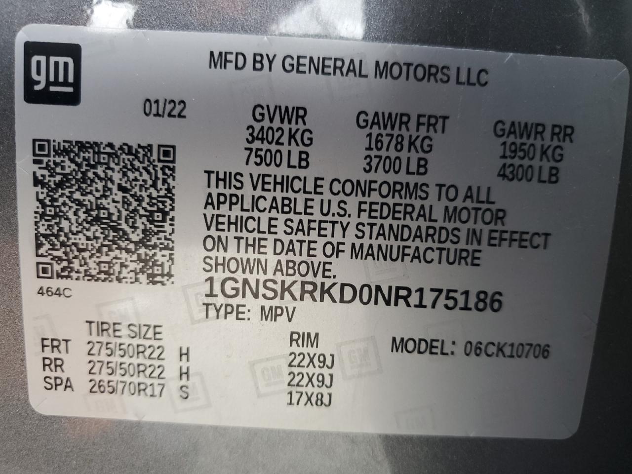 2022 Chevrolet Tahoe K1500 Rst VIN: 1GNSKRKD0NR175186 Lot: 91646525